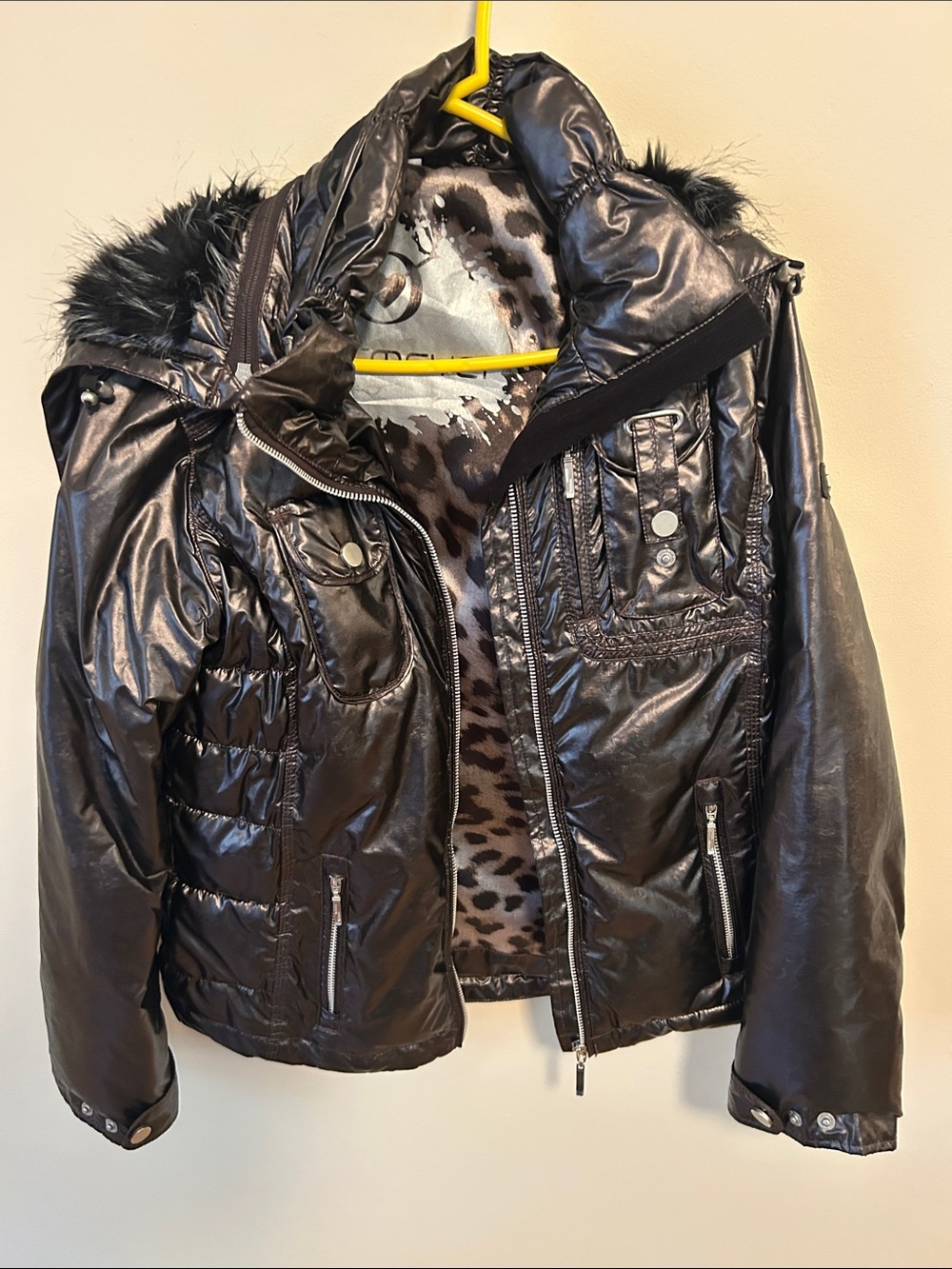Obermeyer Metallic Black Puffer Jacket with Faux-Fur Trim
